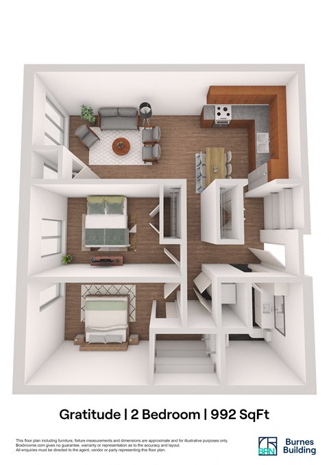 Floor plan for 2 beds, 1 bath, 992 sqft